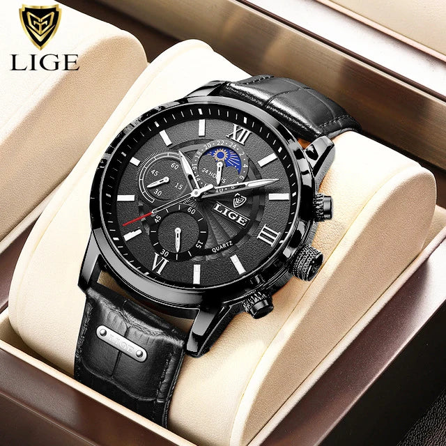 LIGE cuir montre à quartz